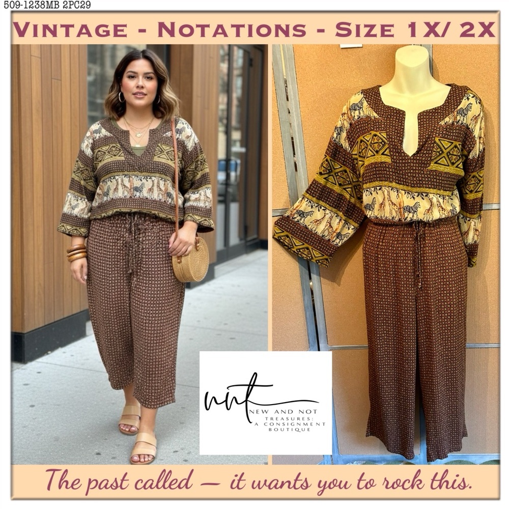 Vintage Notations Boho Print Rayon 2pc Set 1X/2X Crinkle Gauze Top & Pants